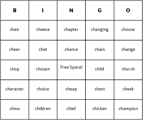 words beginning with ch bingo cards