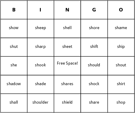 words beginning with sh bingo cards