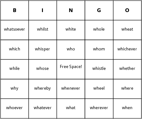 words beginning with wh bingo cards