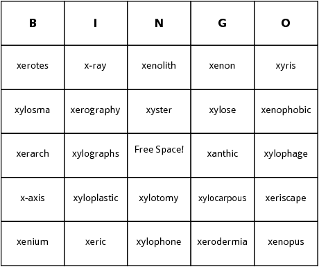 x words bingo cards