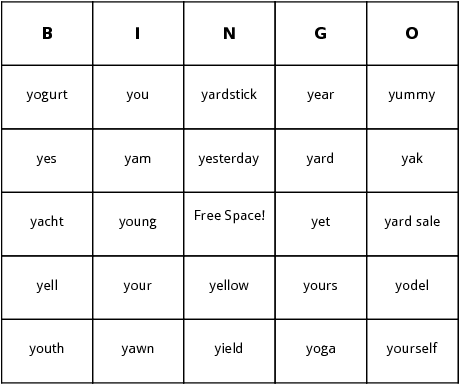 y words bingo cards
