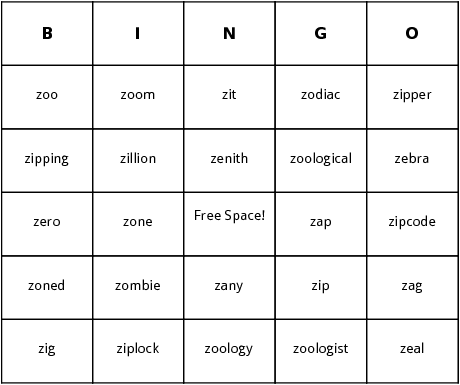 z words bingo cards